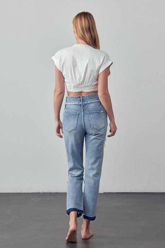 High Rise Double Waistband Released Hem Jeans