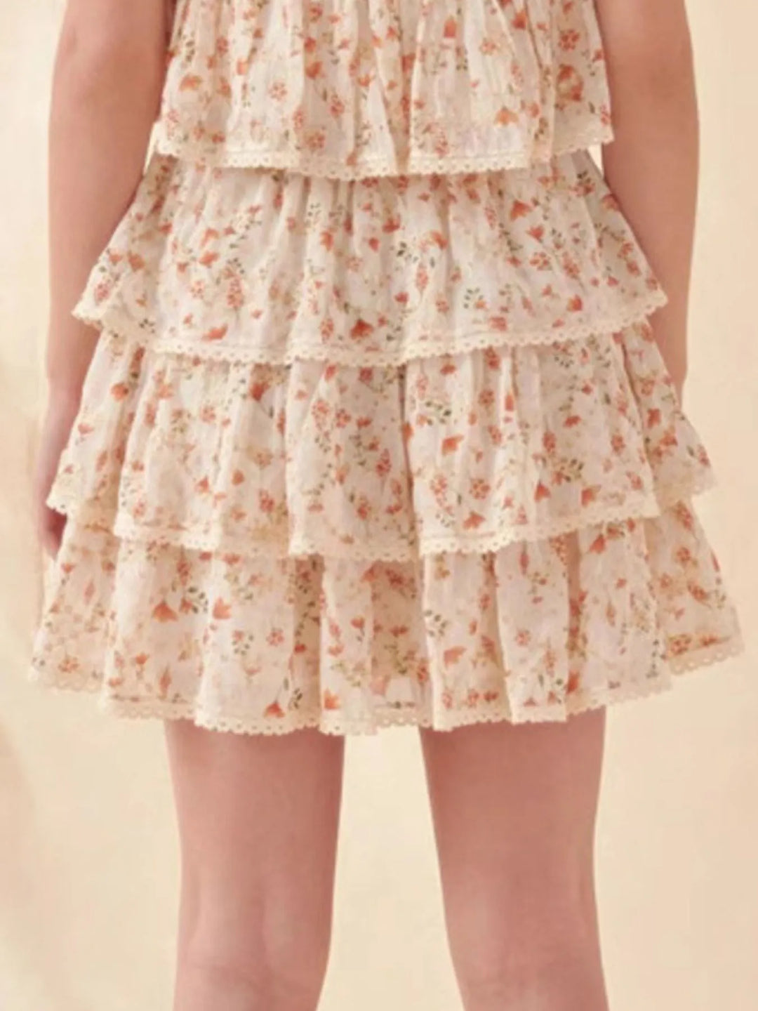 Three-tier floral ruffle mini skirt with lace trim