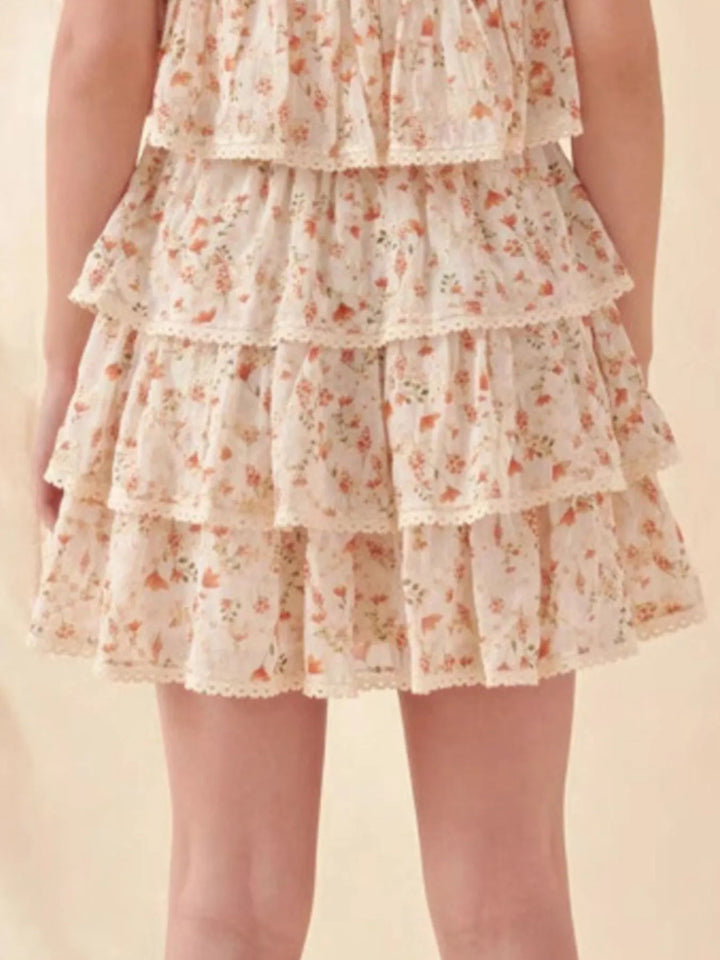 Three-tier floral ruffle mini skirt with lace trim