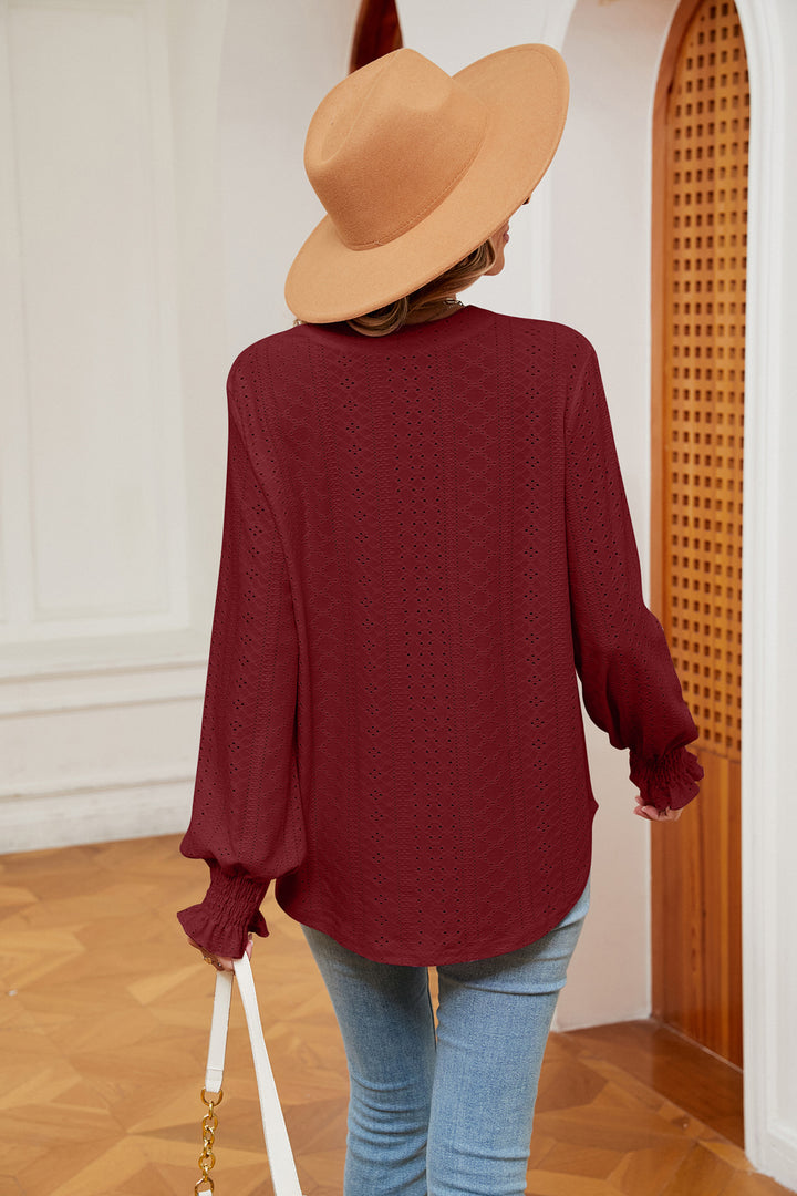 Eyelet notched-neck blouse with flounce sleeves