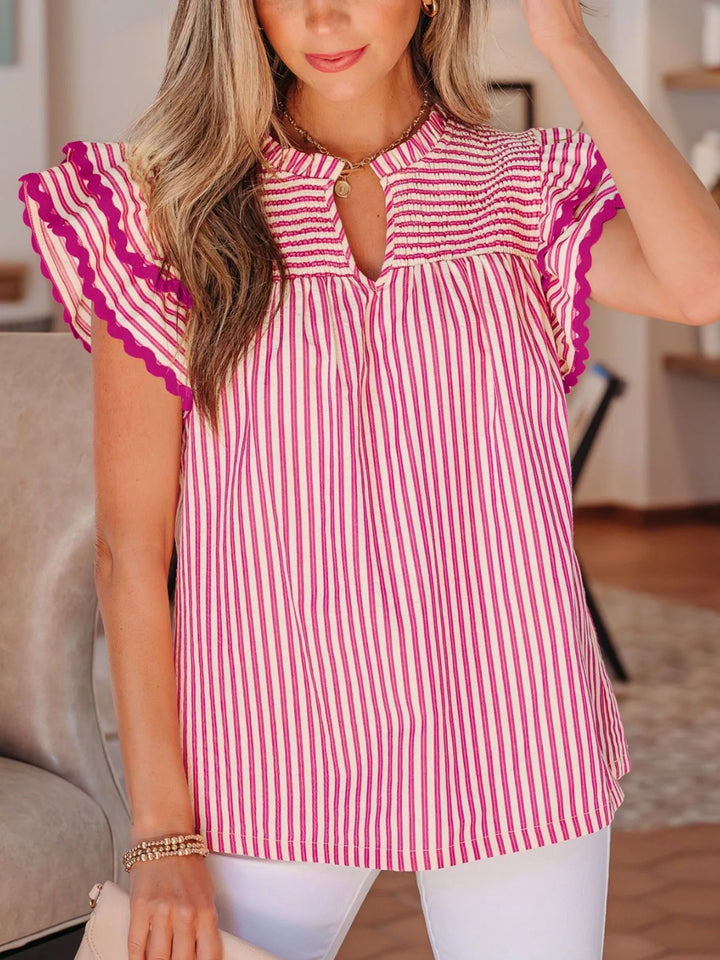 Burnt Coral Striped shirred-yoke blouse with ruffled flutter sleeves