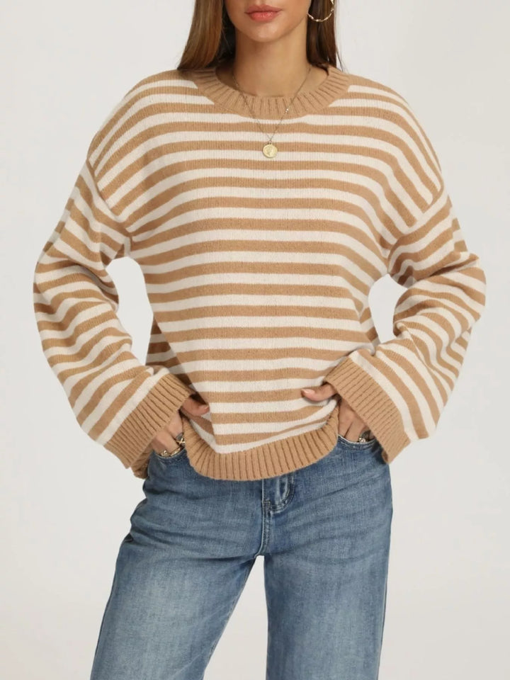 Khaki With White Apricot Striped drop shoulder crew neck sweater with ribbed trim