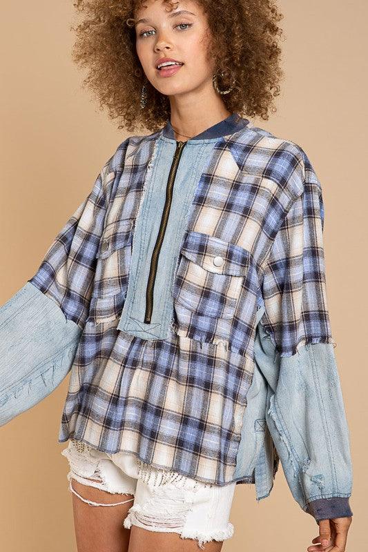 Half-Zip Pullover with Plaid Detail - Azoroh