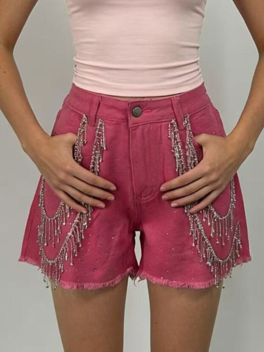 Rhinestone fringe high-rise raw hem denim shorts