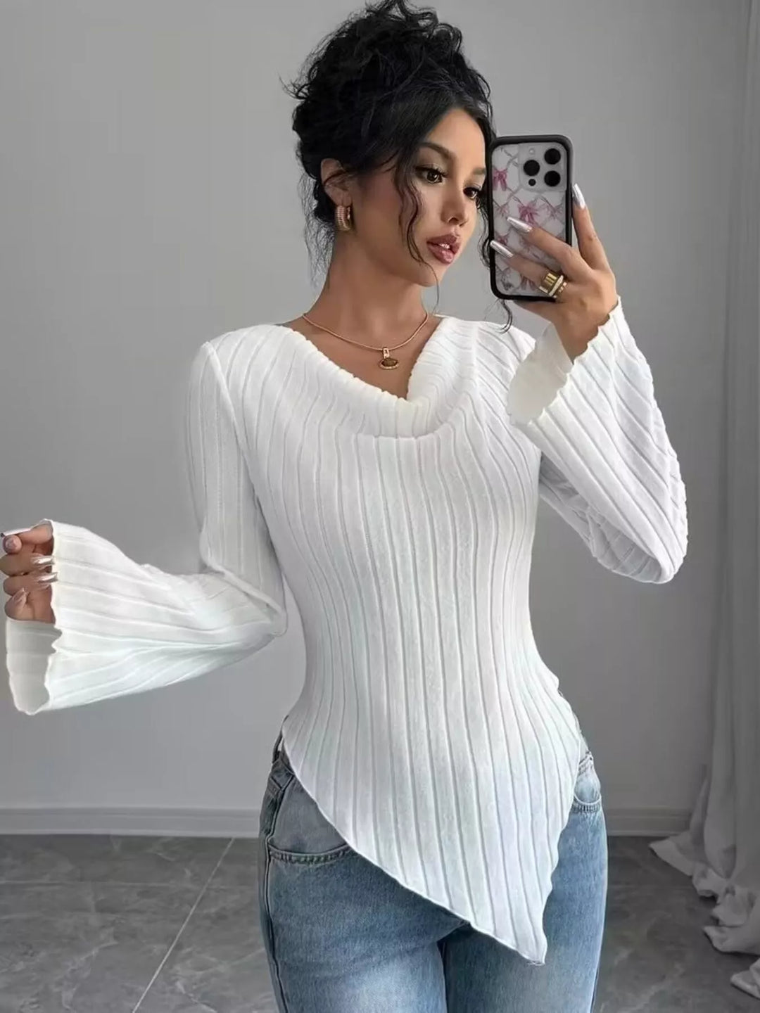 Ribbed knit cowl neck top with asymmetric hem and flared sleeves