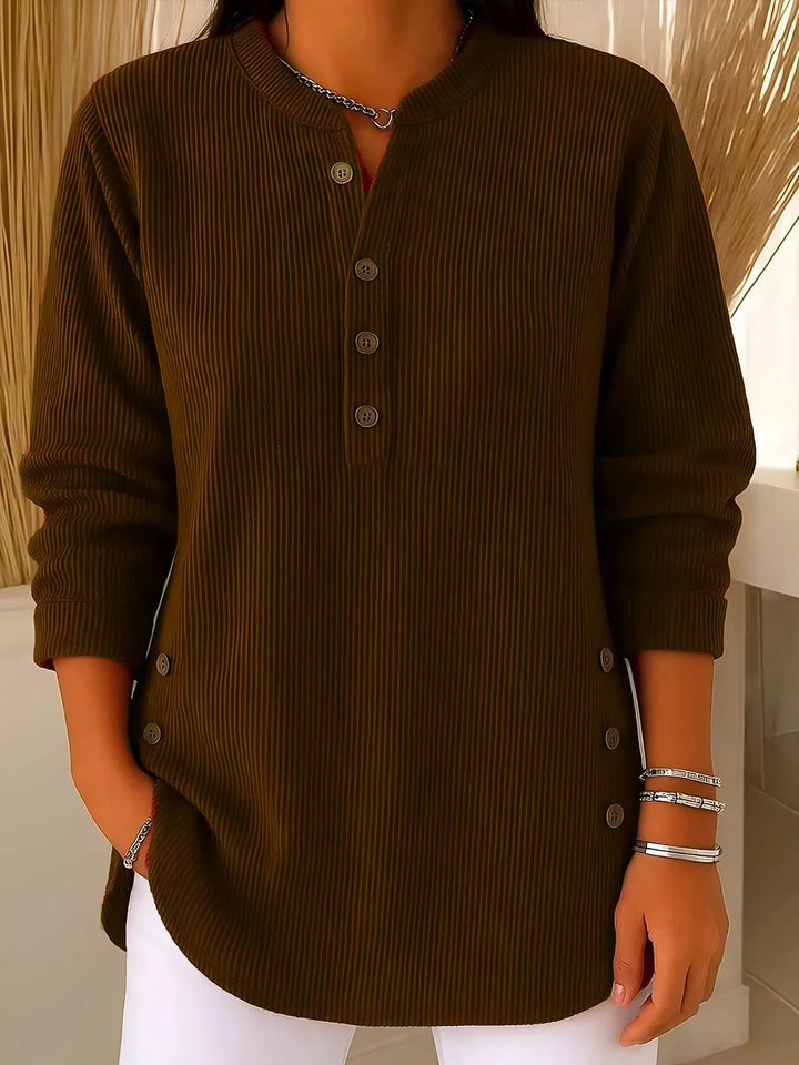 Brown Ribbed half-button henley top with side buttons