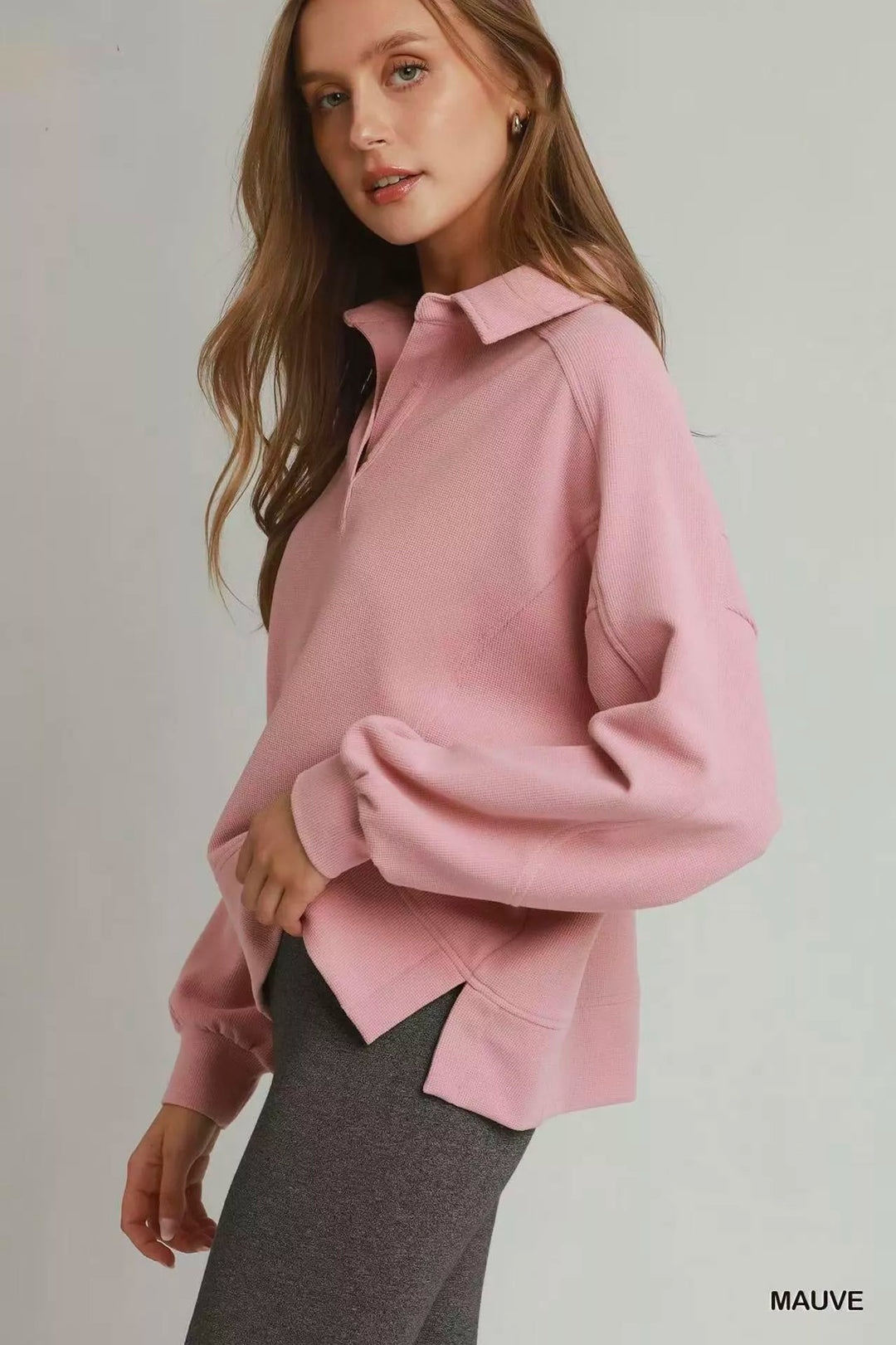 Polo collar brushed waffle pullover sweatshirt