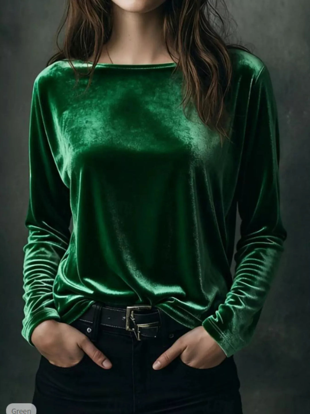 Green Velvet long sleeve boat neck top with dropped shoulders