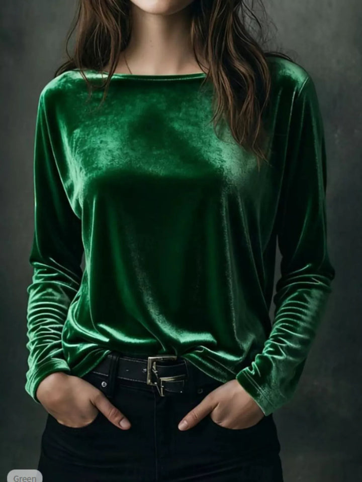 Green Velvet long sleeve boat neck top with dropped shoulders