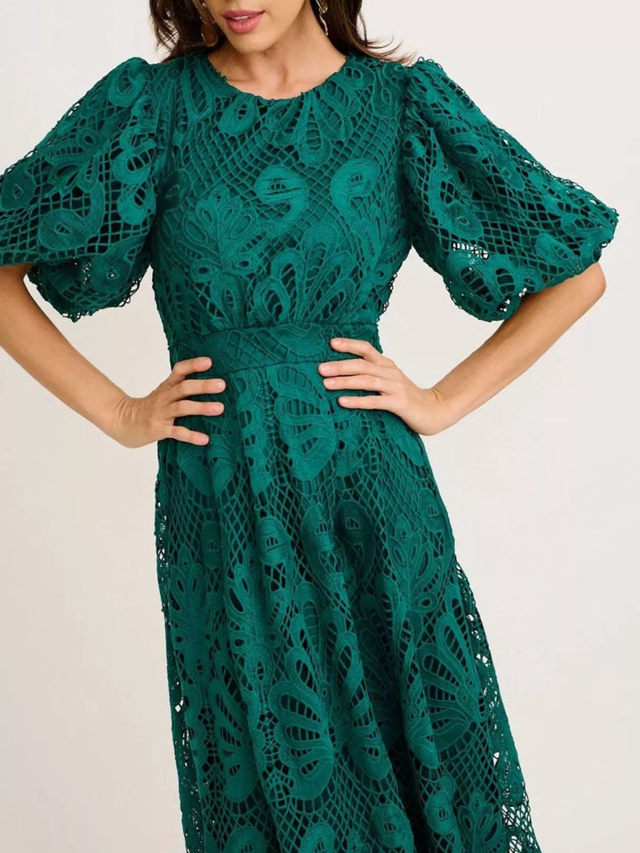 Crochet lace puff sleeve midi dress with scalloped hem