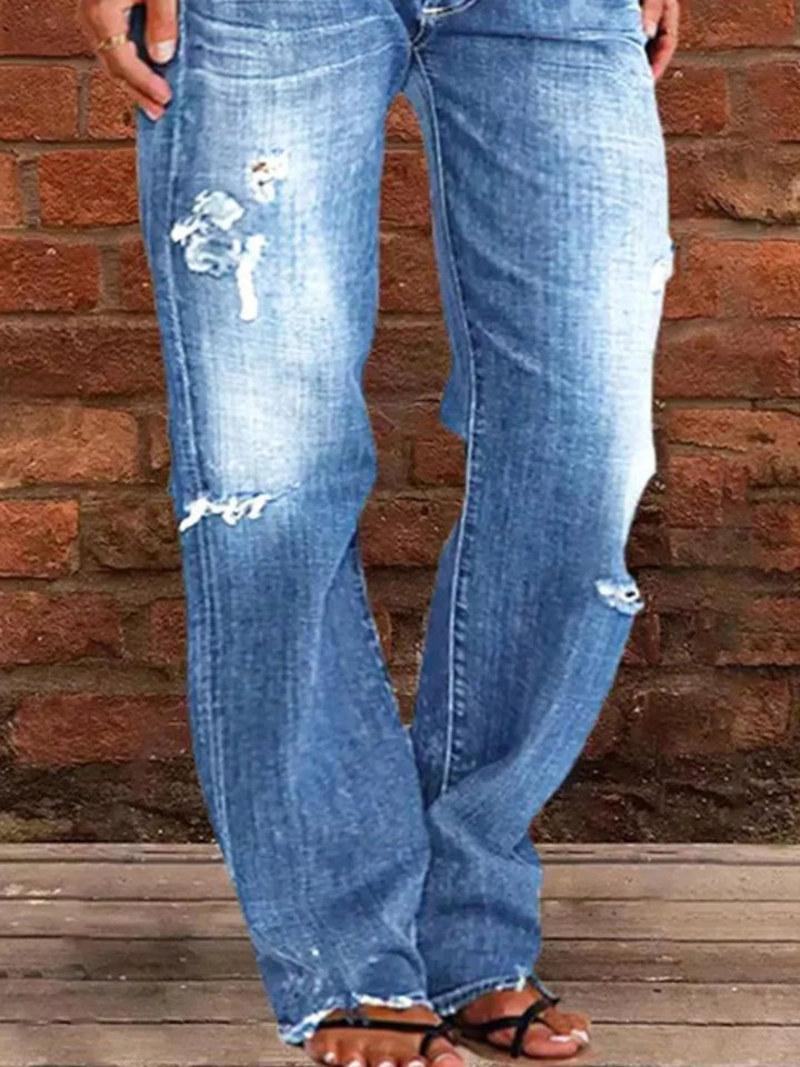 Distressed straight-leg jeans with raw frayed hem