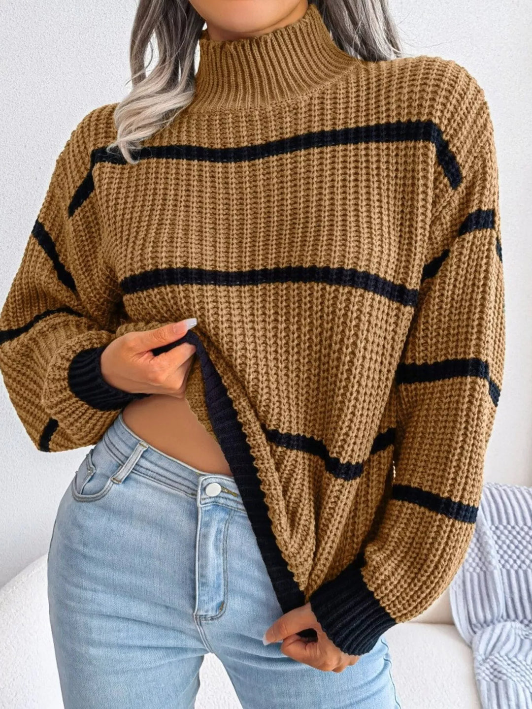Brown Striped mock neck chunky ribbed knit sweater