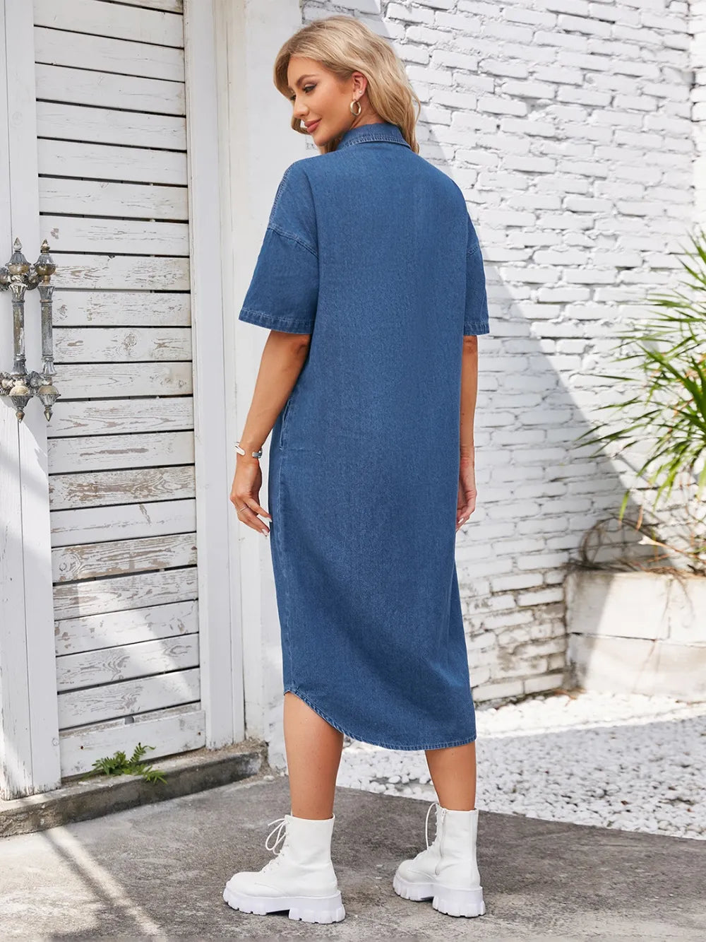 Dropped shoulder button-down denim midi shirt dress