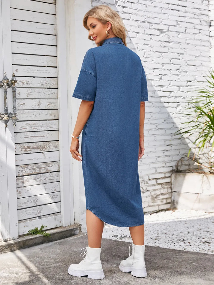 Dropped shoulder button-down denim midi shirt dress