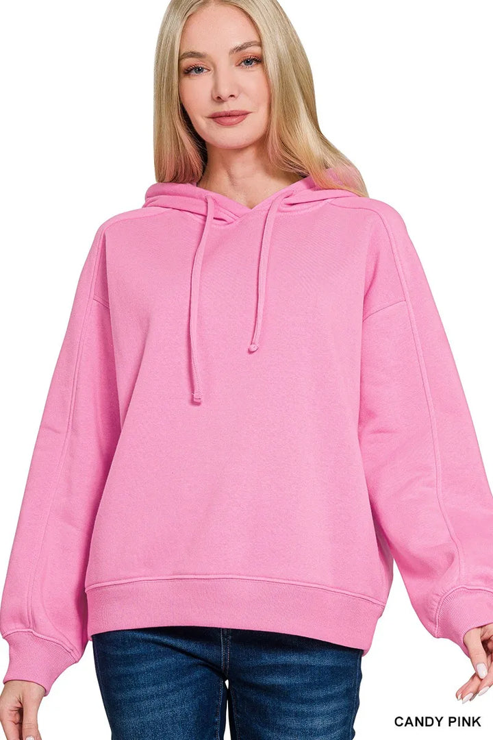 CANDY PINK Oversized drawstring fleece pullover hoodie with ribbed cuffs