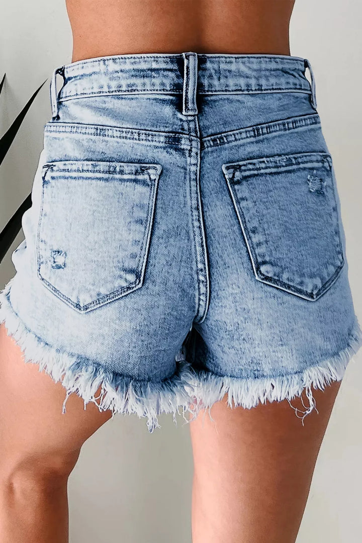 Acid-wash distressed frayed hem high-rise denim shorts