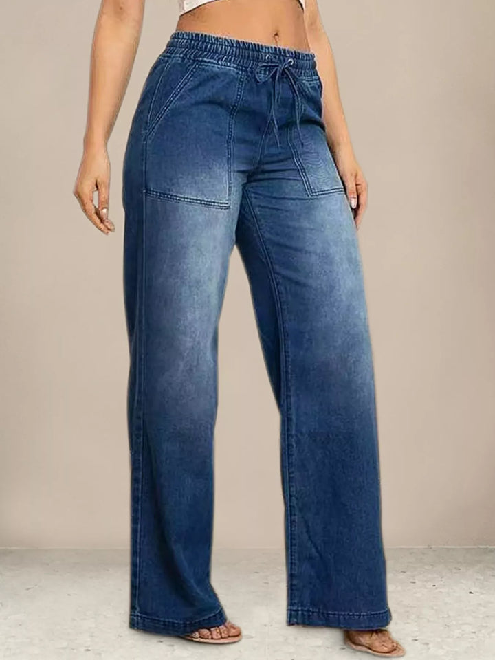 Drawstring elastic-waist wide-leg jeans with patch pockets