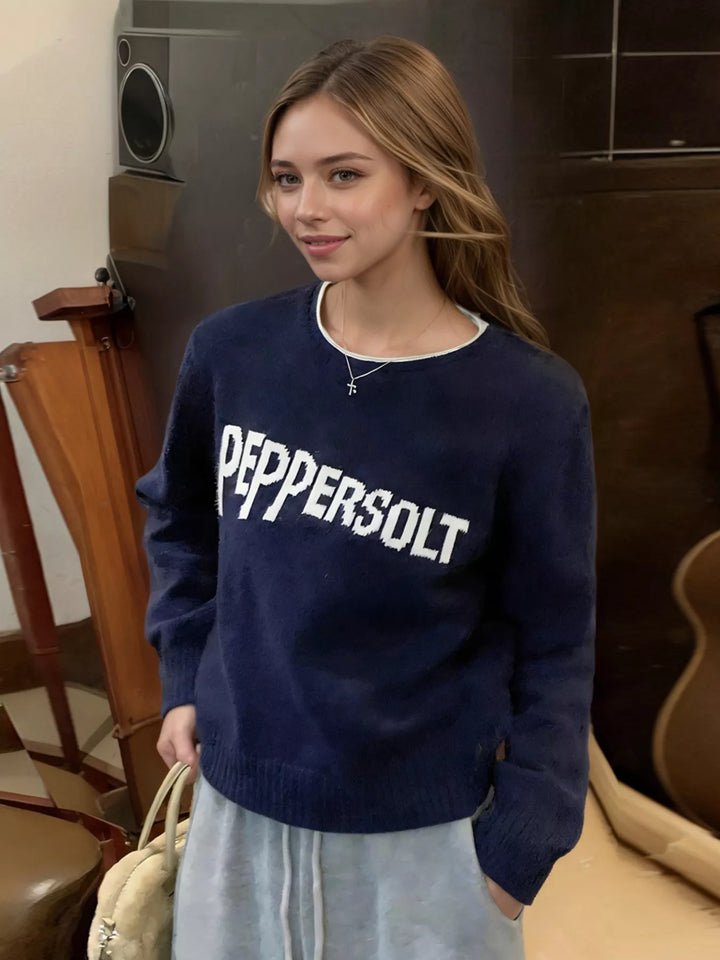 Contrast trim letter graphic round neck knit sweater