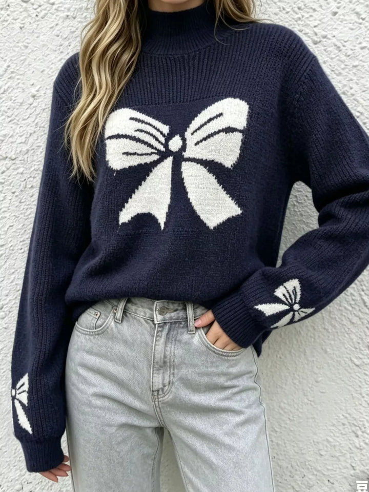 Bow intarsia mock neck knit sweater with drop shoulders