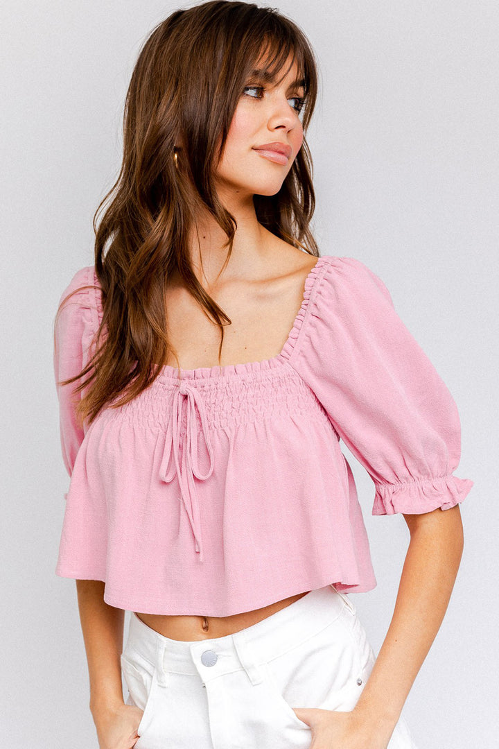 Puff Sleeve Smocking Detail Flared Top - Azoroh