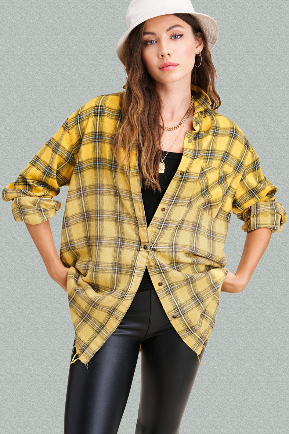 Kayla Vintage Plaid Button-Up Shirt With Raw Cut Hem