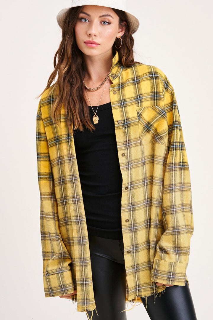 Kayla Vintage Plaid Button-Up Shirt With Raw Cut Hem