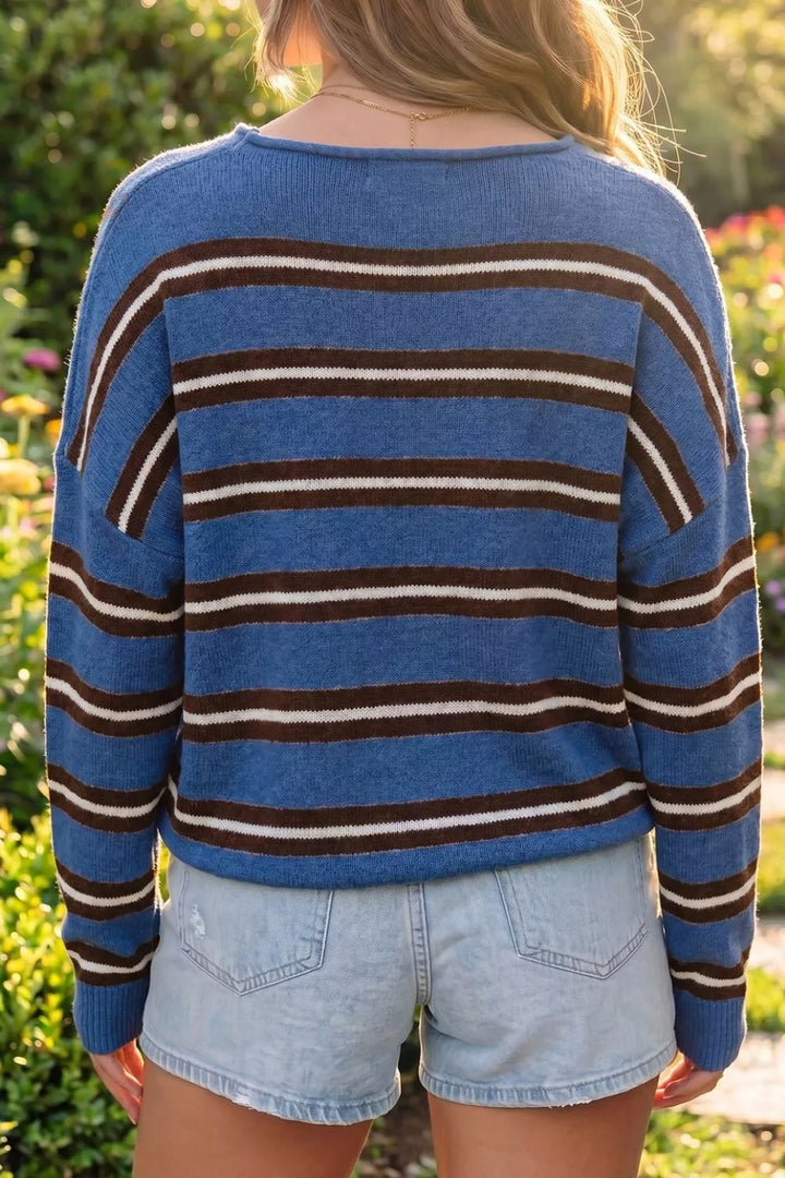 Striped drop shoulder button-front knit cardigan