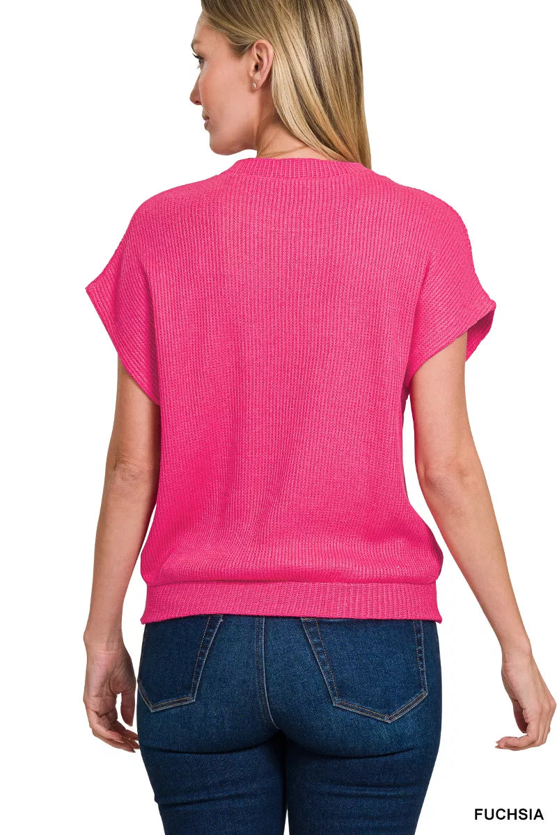 Waffle knit short sleeve sweater with banded hem