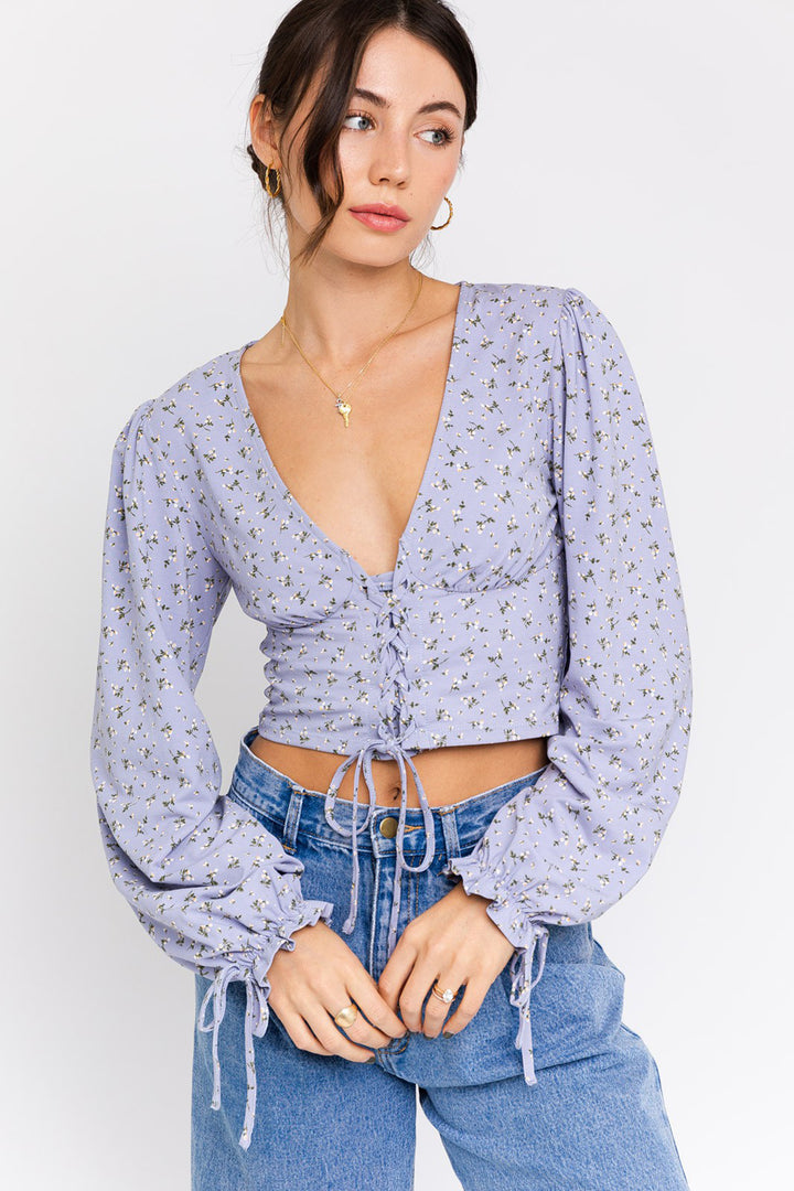 Puff Sleeve Lace-Up V-Neck Top - Azoroh