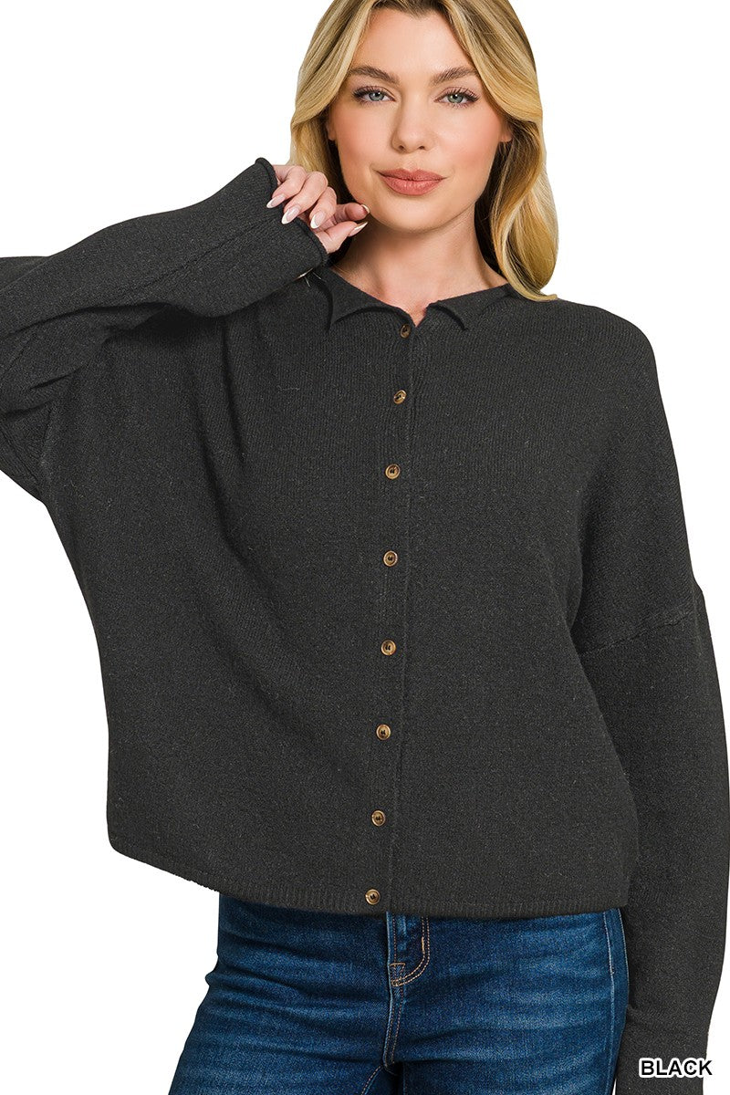 BLACK Collared button-down knit cardigan with drop shoulders