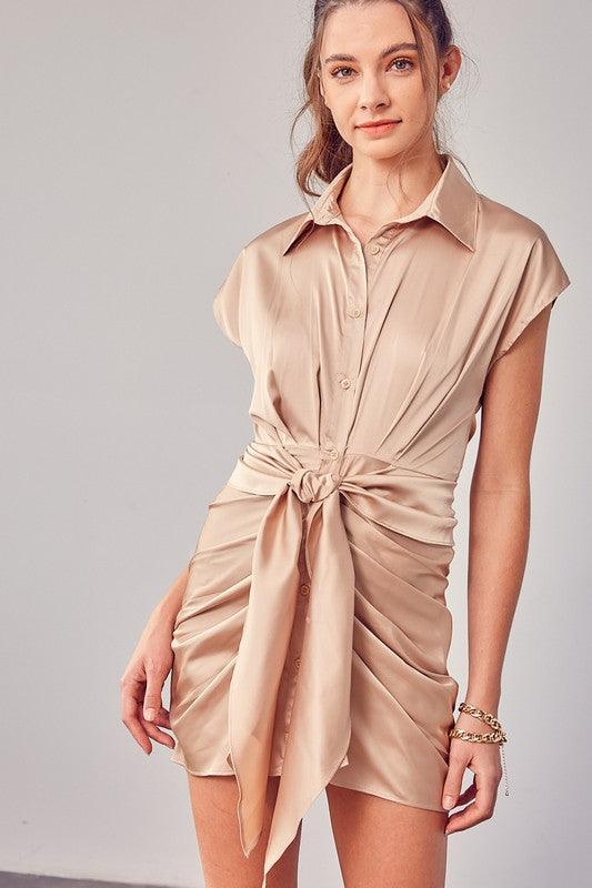 Collar Button Up Front Tie Dress - Azoroh