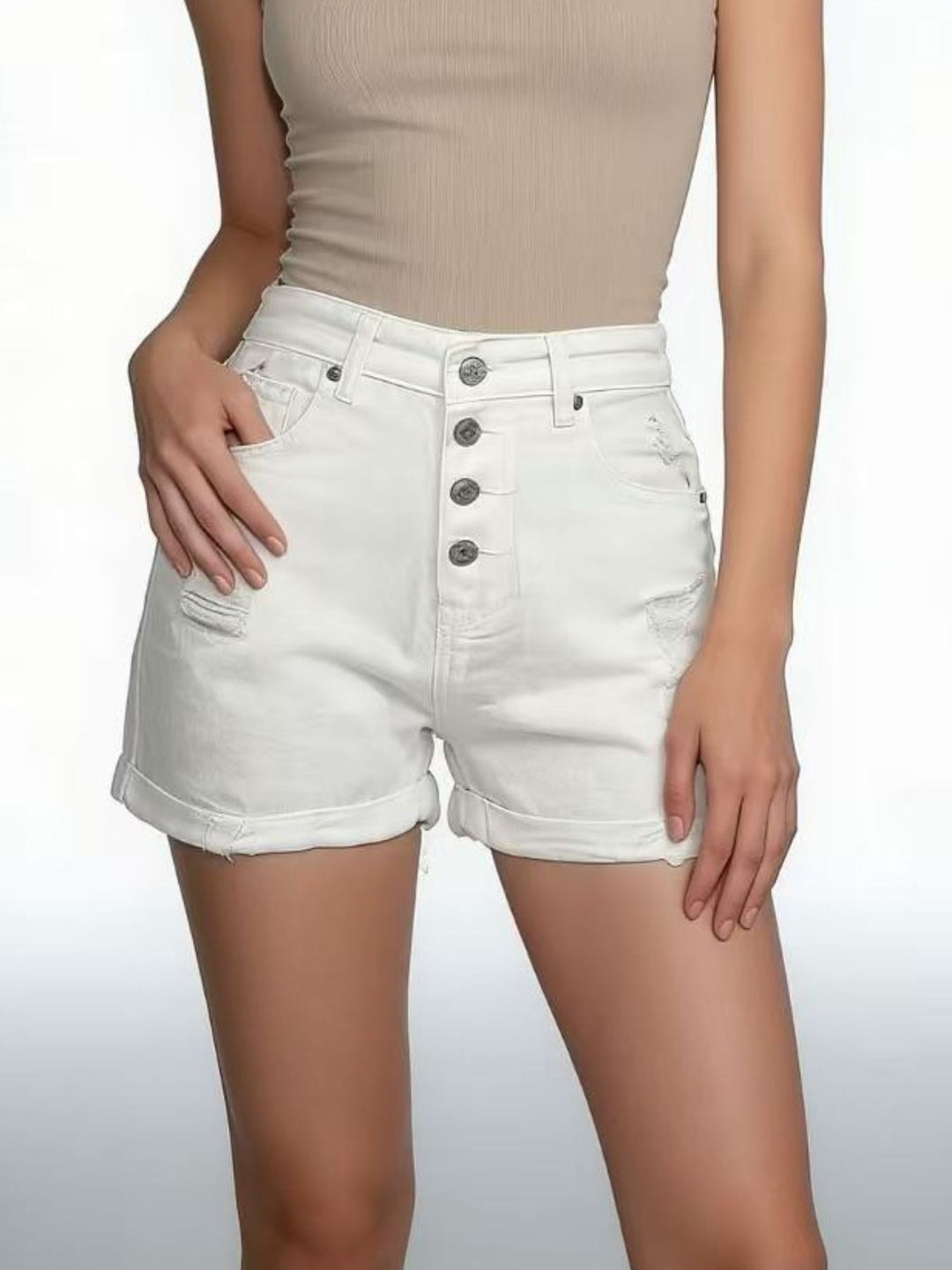 High-rise distressed denim shorts with button fly and rolled hem