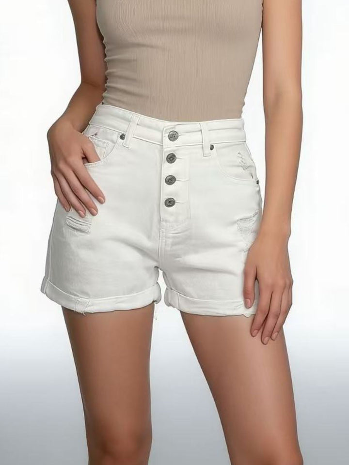 High-rise distressed denim shorts with button fly and rolled hem
