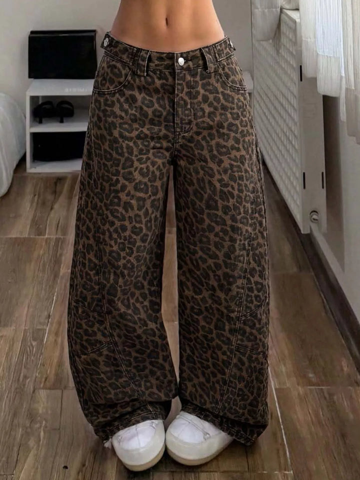 Green Leopard print wide-leg baggy jeans with five pockets