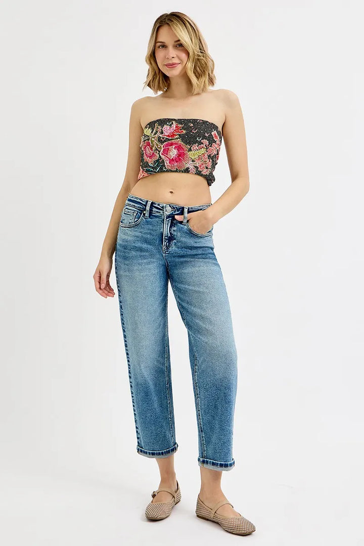 High-rise cropped boyfriend jeans with cuffed hem