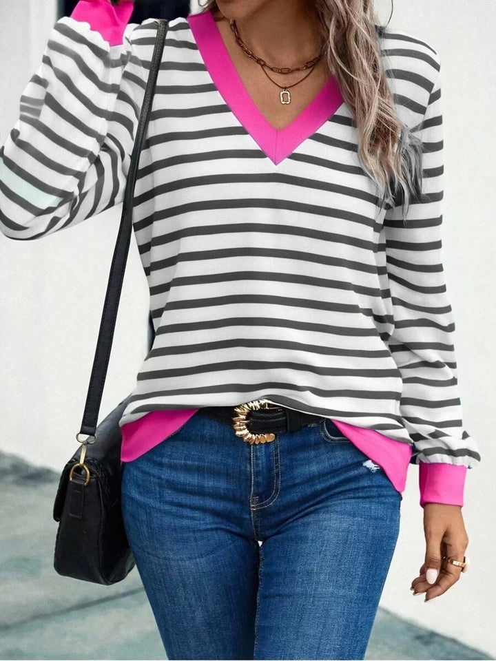 Gray Striped V-neck long sleeve top with contrast trim