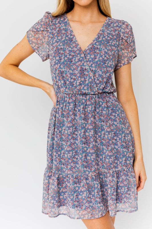 Bloom Faux Wrap Puff Sleeve Mini Dress With Ruffle Detail