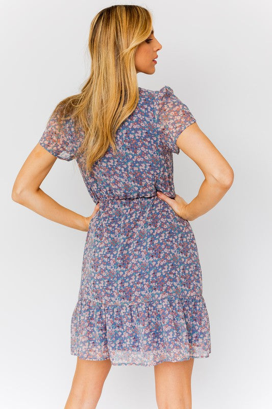 Bloom Faux Wrap Puff Sleeve Mini Dress With Ruffle Detail