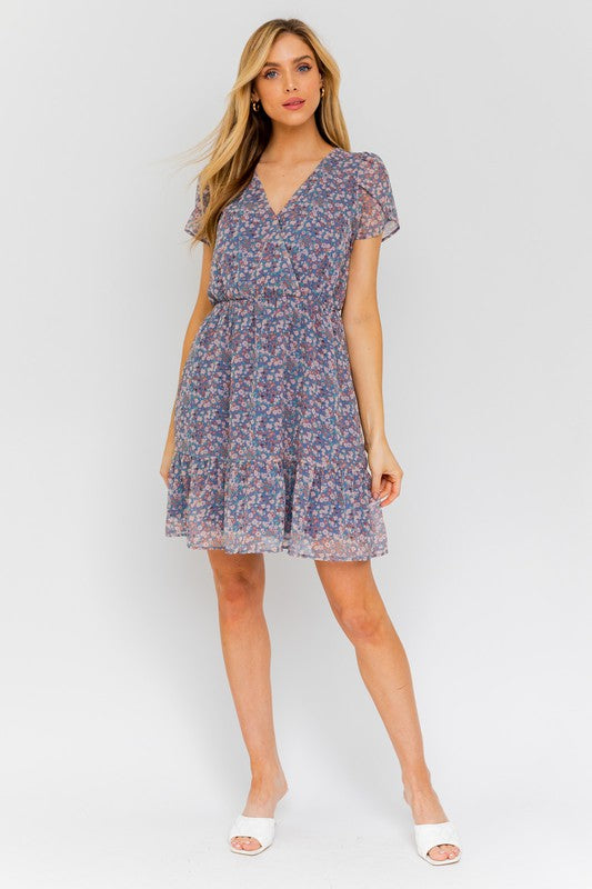 Bloom Faux Wrap Puff Sleeve Mini Dress With Ruffle Detail