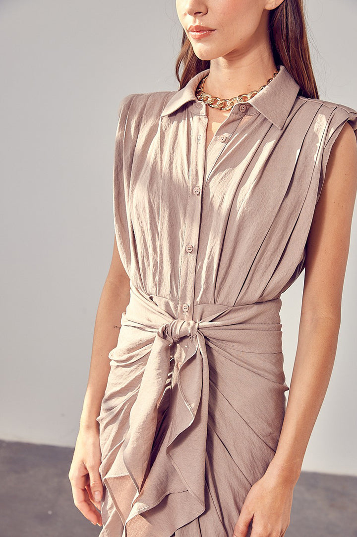 Sleeveless Button Front Tie Dress - Azoroh