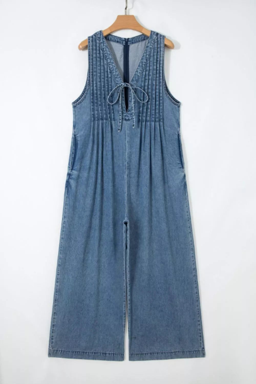 Acid wash pintuck tie V-neck wide-leg denim jumpsuit