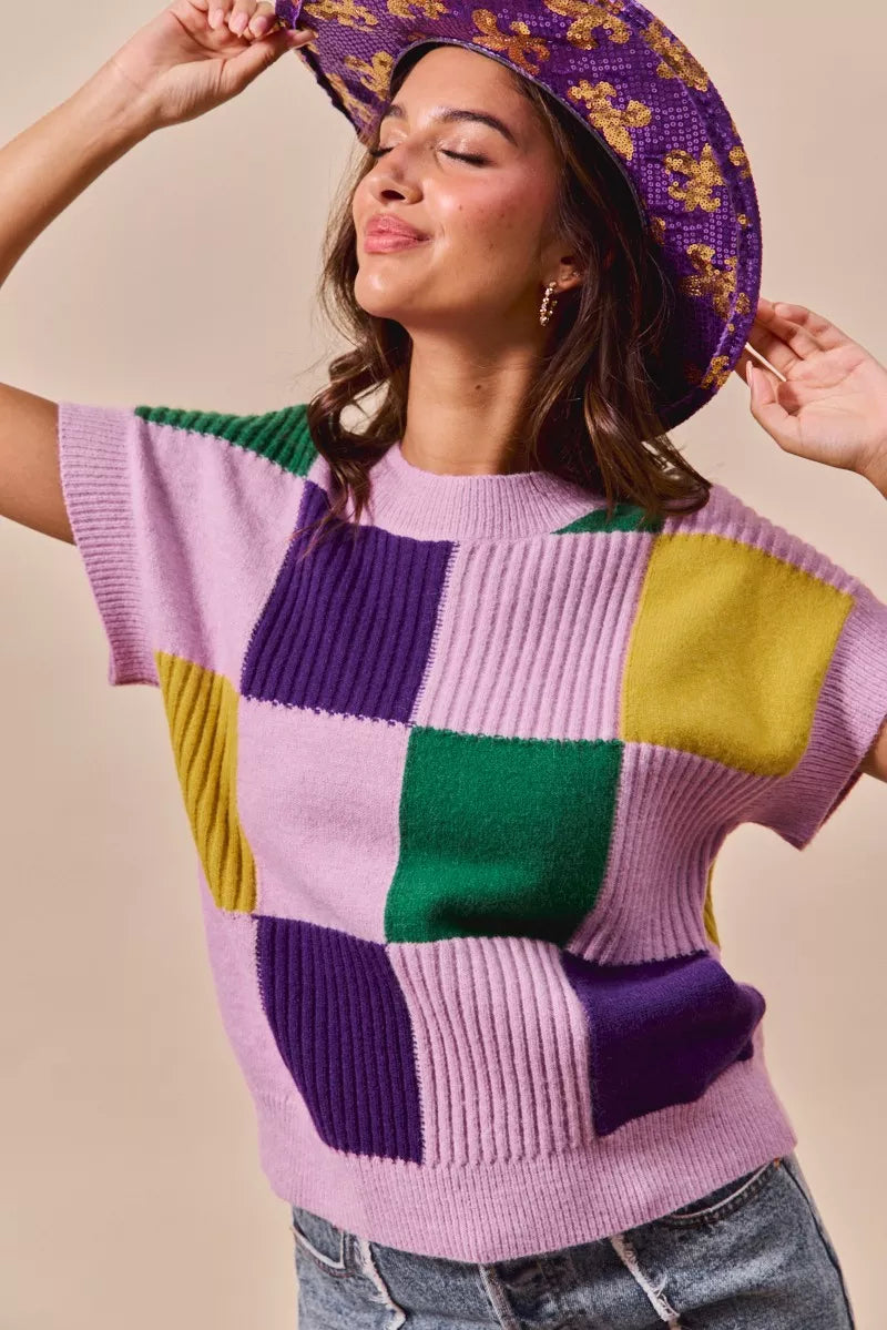 Checkerboard color-block short sleeve sweater top