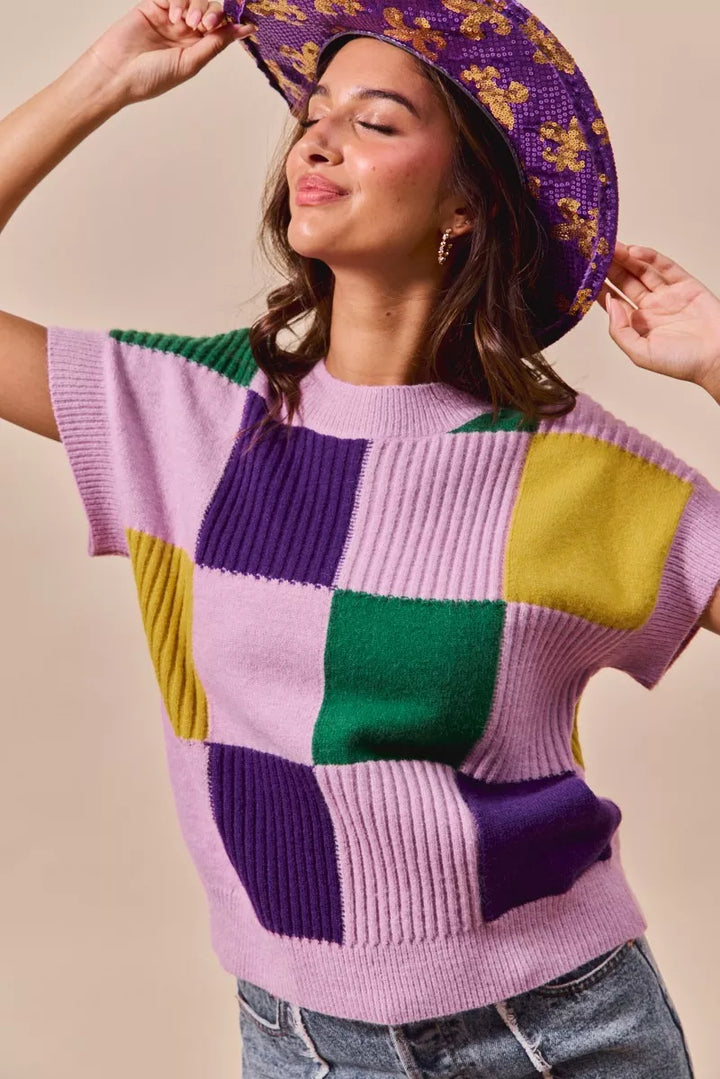 Checkerboard color-block short sleeve sweater top