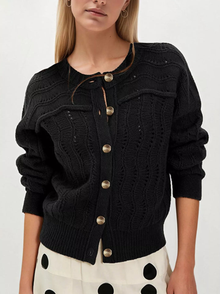 Black Openwork pointelle knit button-down cardigan
