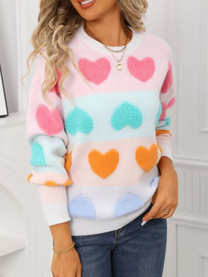 Fuzzy heart color-block crew neck knit sweater