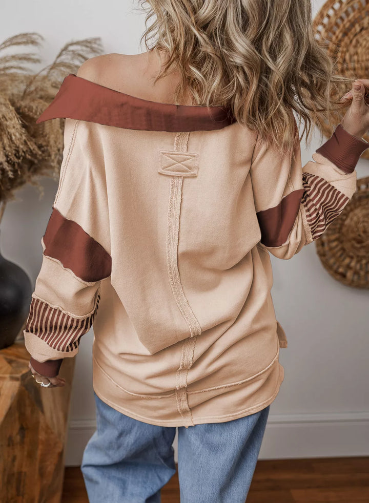 Color block striped Johnny collar sweatshirt with exposed seams