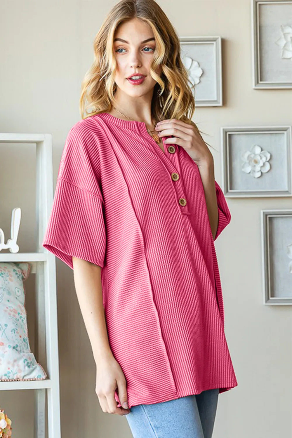 Ribbed half-button drop-shoulder short sleeve top