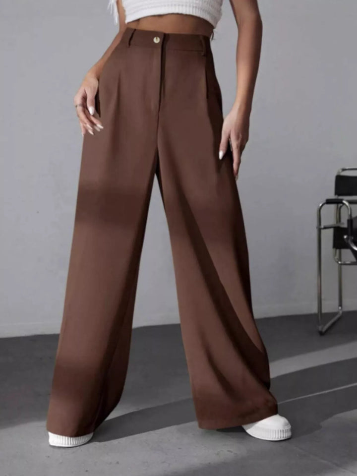 Brown High-rise wide-leg pleated pants with button waist