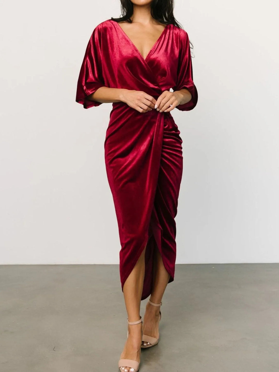 Ruched velvet wrap midi dress with surplice v-neck