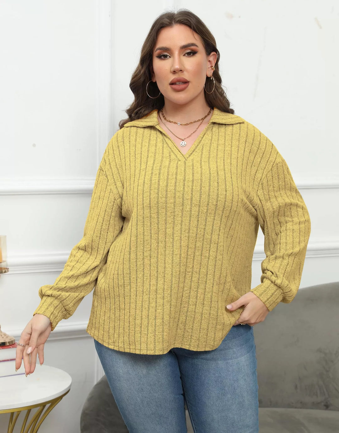 Mustard Plus size ribbed knit polo collar long-sleeve top